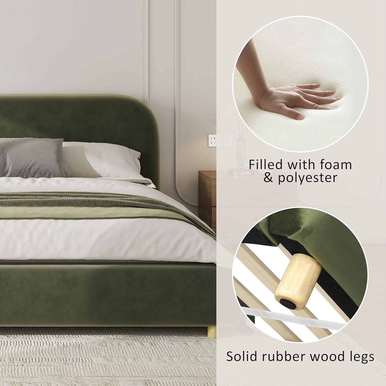 image:imageChristopher Knight Home Hazel Queen Size Platform Bed Velvet Fabric Headboard and Bed Frame Upholstered CurveShaped Queen Headboard Wooden Slats Panel Support Easy Assembly Olive GreenOlive Green Velvet