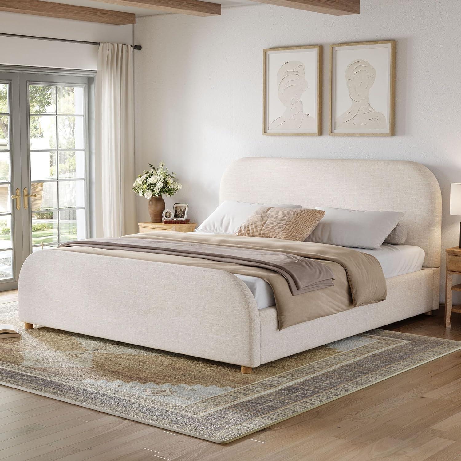 image:imageChristopher Knight Home Lanet Linen Upholstered King Size Bed Frame with Headboard Modern King Bed Frame and Headboard Wooden Slats Support Easy Assembly No Box Spring Needed BeigeKing US Standard