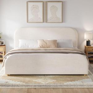 Christopher Knight Home Lanet Linen Upholstered King Size Bed Frame with Headboard, Modern King Bed Frame and Headboard, Wooden Slats Support, Easy Assembly, No Box Spring Needed, Beige(King (U.S. Standard))