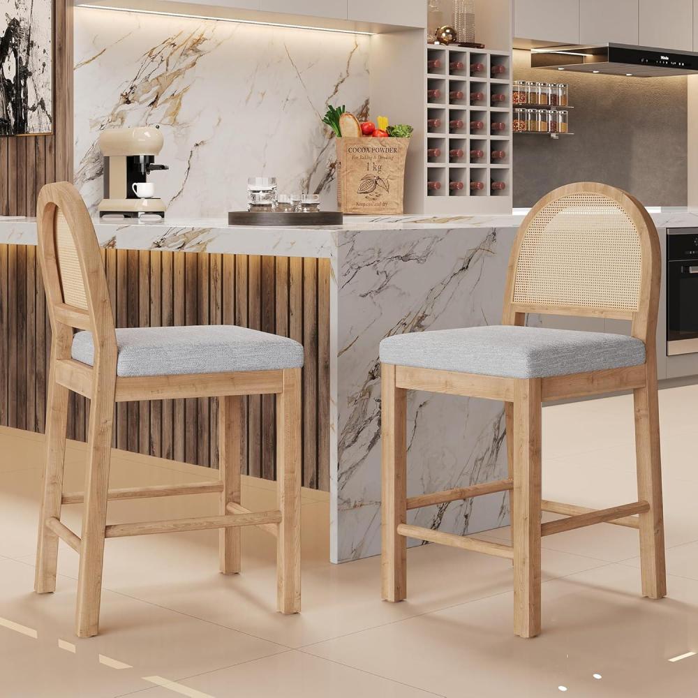 image:imageChristopher Knight Home Sona Modern Counter Stool Set of 2 Kitchen Counter Height Bar Stool Cocktail Stool with Rattan Woven Backrest Fabric Upholstered Barstools for Home Bar Table Brown GrayNatural Gray
