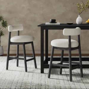 Christopher Knight Home Annes Counter Height Bar Stools Set of 2, Boucle Fabric Round Bar Stool for Kitchen Island, Wooden Dining Room Chair, Counter Stool with Footrest, Black+Milky White(Black+milky White)