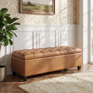 Christopher Knight Home Ottilie PU Leather Storage Ottoman Bench, Wooden Rectangular Ottoman with Storage, Bedroom End of Bed Foot Stool, Entryway Ottoman Footrest, Living Room Extra Seat, Brown(Brown/Pu)