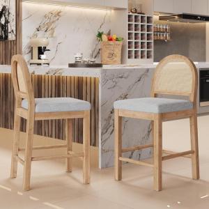 Christopher Knight Home Sona Modern Counter Stool Set of 2, Kitchen Counter Height Bar Stool, Cocktail Stool with Rattan Woven Backrest, Fabric Upholstered Barstools for Home Bar Table, Brown + Gray(Natural + Gray)