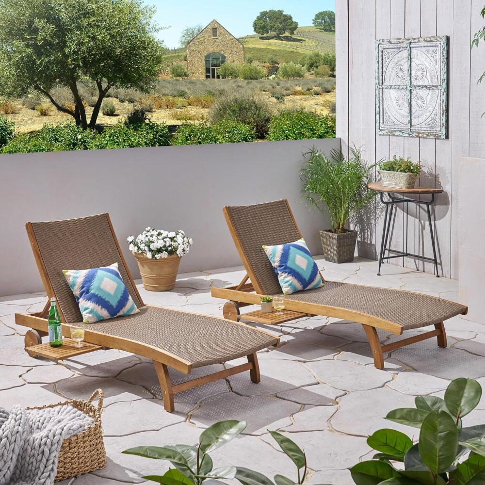 image:imageChristopher Knight Home Banzai Acacia Wood Chaise Lounge Chair Outdoor Set of 2 with Wheels Adjustable Backrest Wicker Single Lounge Sofa Patio Outdoor Sun Lounger Outdoor Chaise Lounge Set Brown