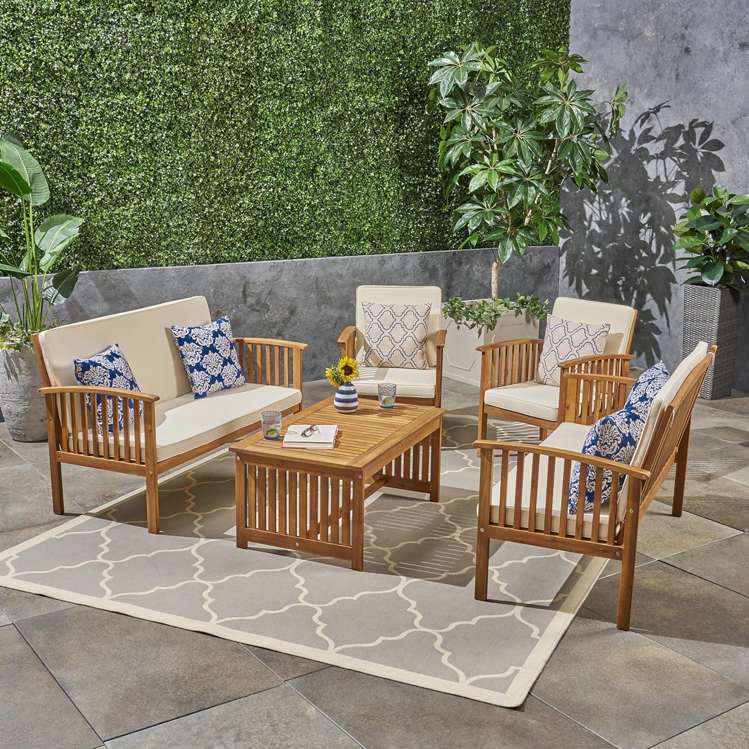image:imageChristopher Knight Home Outdoor 5Piece Acacia Wood Sofa Conversation Set Brown Patina Finish and Cream