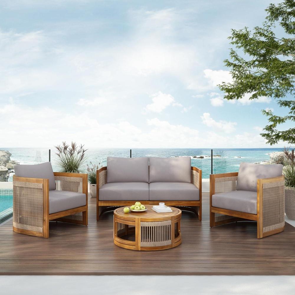 image:imageChristopher Knight Home Nesbit 4 Pieces Conversation Set Acacia Wood Chat Set Woven Rope Loveseat and Accent Chairs Slat Panel Coffee Table Patio Furniture Set for Backyard Balcony Garden GrayGrey