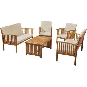 Christopher Knight Home Outdoor 5-Piece Acacia Wood Sofa Conversation Set, Brown Patina Finish and Cream