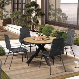 Christopher Knight Home Rlyn 5 Pieces Patio Dining Set, Woven Dining Chairs, Wood Table Top, 4 Seaters Rattan Dining Chair Set, Outdoor Table and Chair for Garden, Backyard, Poolside, Dark Brown+Teak(Dark Brown Chair+teak Finish Table)