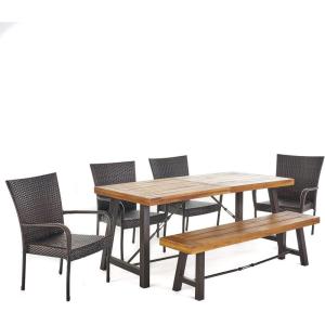 Christopher Knight Home Salla Outdoor Acacia Wood Dining Set with Wicker Stacking Chairs, 6-Pcs Set, Teak Finish / Rustic Metal / Multibrown