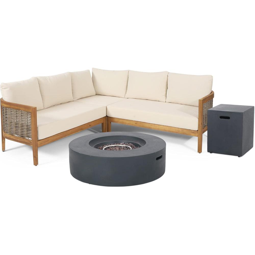 image:imageChristopher Knight Home Burchett Outdoor 5 Seater Sectional Sofa Chat Set with Fire Pit Acacia Wood and Round Wicker TeakMixed BrownBeigeDark Gray
