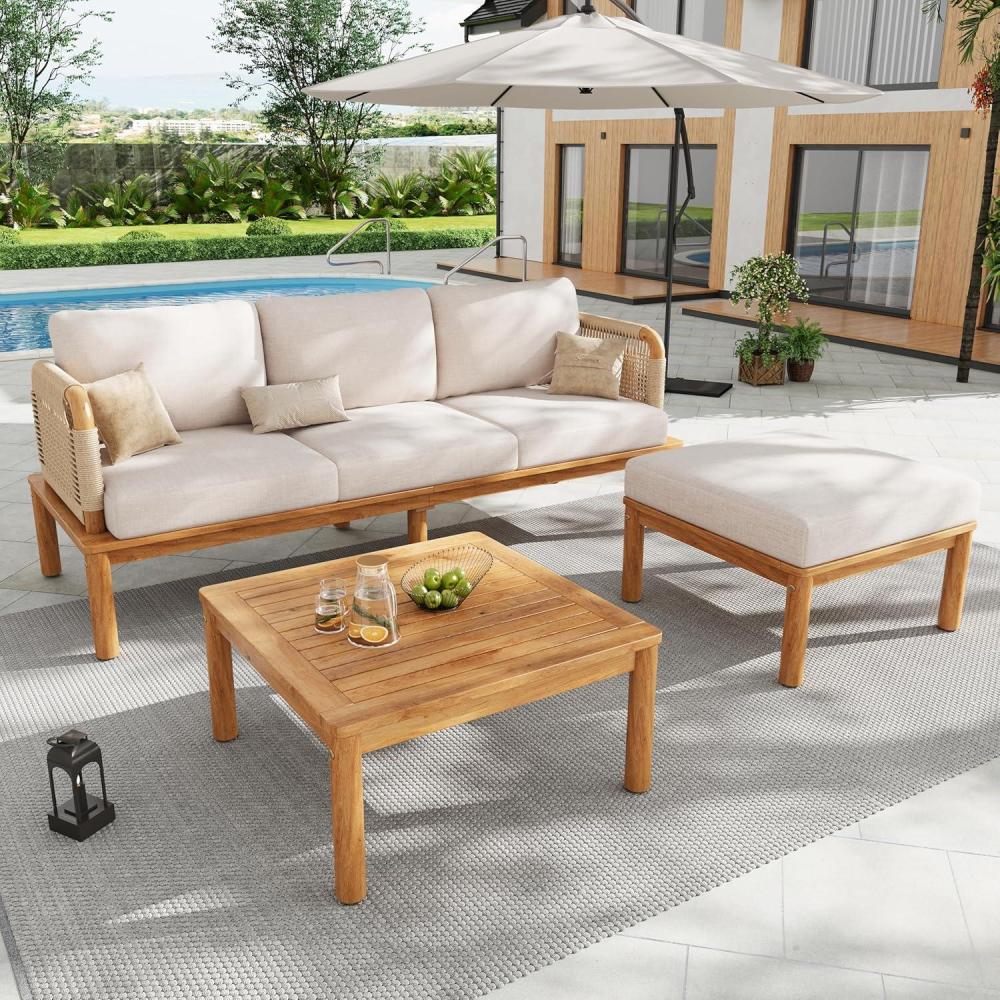 image:imageChristopher Knight Home Coby 3Piece Acacia Wood Patio Furniture Set Outdoor Conversation Sofa Set with Coffee Table and Ottoman Patio Sectional Chat Set for Backyard or Balcony TeakBeige