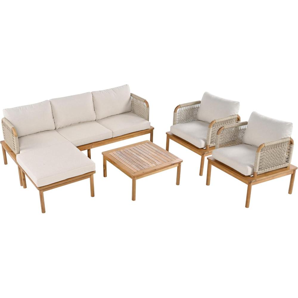image:imageChristopher Knight Home Coby 5Piece Acacia Wood Patio Furniture Set Outdoor Conversation Sofa Set with Club Chair Coffee Table and Ottoman Patio Sectional Chat Set for BackyardBalcony TeakBeige