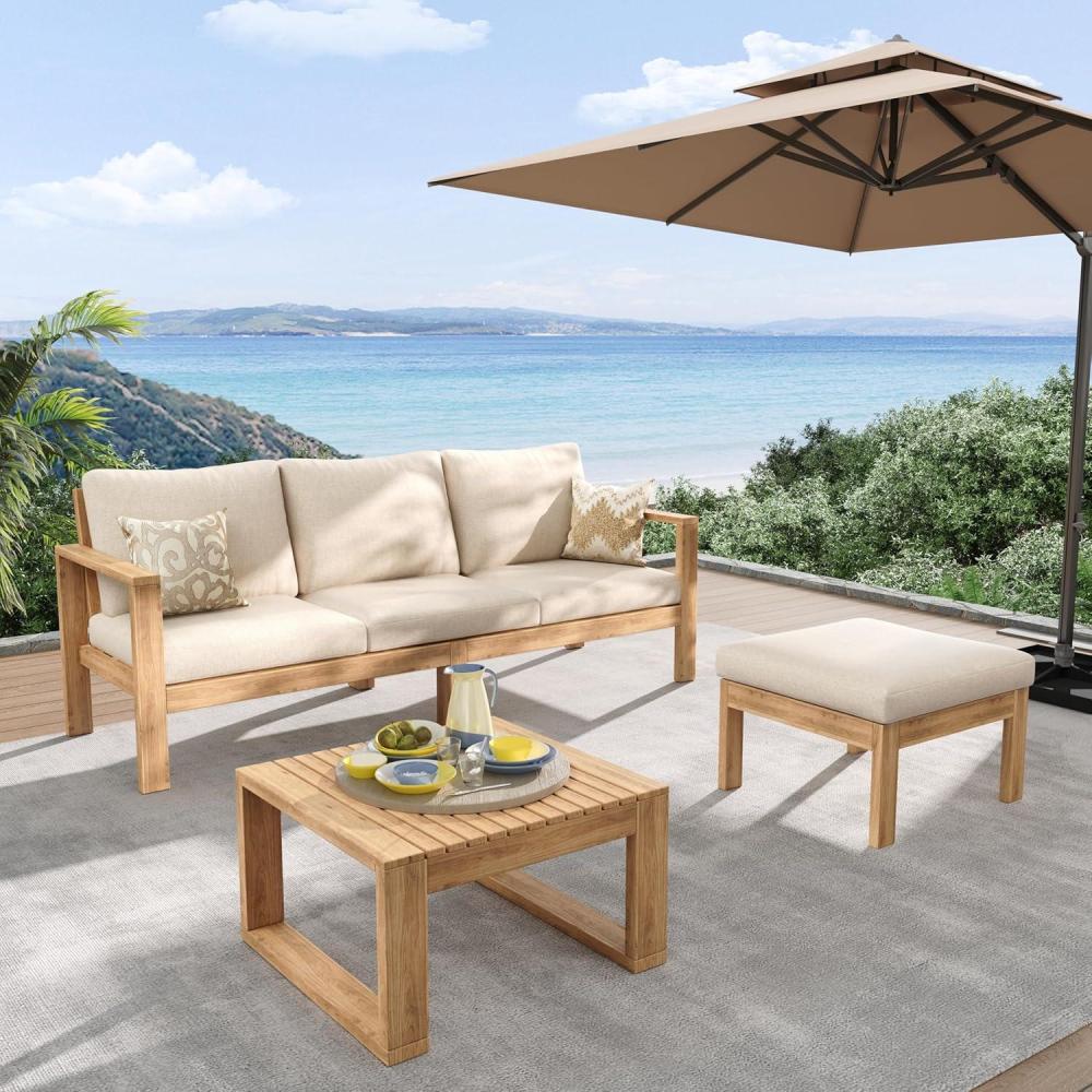 image:imageChristopher Knight Home Kayahs 3 Pieces Acacia Wood Furniture Set Patio Conversation Sofa with Coffee Table and Ottoman Outdoor 3Seater Sofa Set for Backyard Balcony Gardern Teak FinishBeige