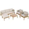 Christopher Knight Home Coby 5-Piece Acacia Wood Patio Furniture Set, Outdoor Conversation Sofa Set with Club Chair, Coffee Table and Ottoman, Patio Sectional Chat Set for Backyard/Balcony, Teak+Beige