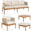 Christopher Knight Home Coby 5-Piece Acacia Wood Patio Furniture Set, Outdoor Conversation Sofa Set with Club Chair, Coffee Table and Ottoman, Patio Sectional Chat Set for Backyard/Balcony, Teak+Beige