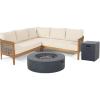 Christopher Knight Home Burchett Outdoor 5 Seater Sectional Sofa Chat Set with Fire Pit – Acacia Wood and Round Wicker – Teak/Mixed Brown/Beige/Dark Gray
