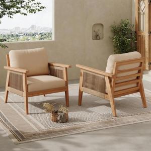 Christopher Knight Home Aldo Wooden Lounge Chair Outdoor Set of 2, Acacia Wood Accent Chair for Garden/Balcony/Backyard, Patio Furniture Set Armchair, Teak+Beige
