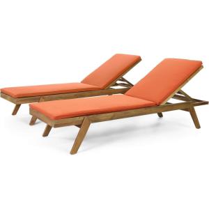 Christopher Knight Home Caily Outdoor Chaise Lounge with Cushions – Acacia Wood – Teak/Dark Gray (Set of 2)(Teak Finish + Orange)