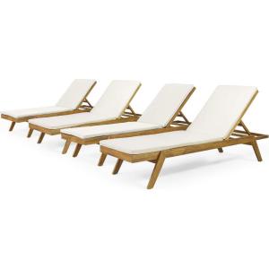Christopher Knight Home Caily Outdoor Chaise Lounge with Cushions – Acacia Wood – Teak/Dark Gray (Set of 4)(Teak Finish + Cream)