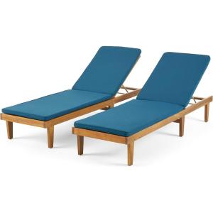 Christopher Knight Home Madge Oudoor Chaise Lounge with Cushion (Set of 2), Teak Finish, Blue