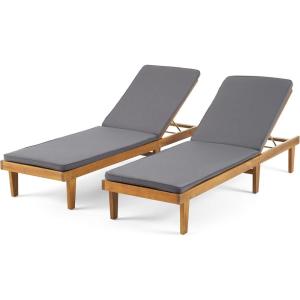 Christopher Knight Home Madge Oudoor Chaise Lounge with Cushion (Set of 2), Teak Finish, Dark Gray