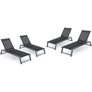 Christopher Knight Home Mesa Outdoor Mesh Chaise Lounges with Aluminum Frame, 4-Pcs Set, Black Mesh / Grey