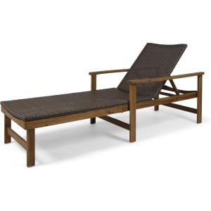Great Deal Furniture Kyle Outdoor Rustic Acacia Wood Chaise Lounge with Wicker Seating, Natural and Gray(Natural Stained + Mix Mocha)