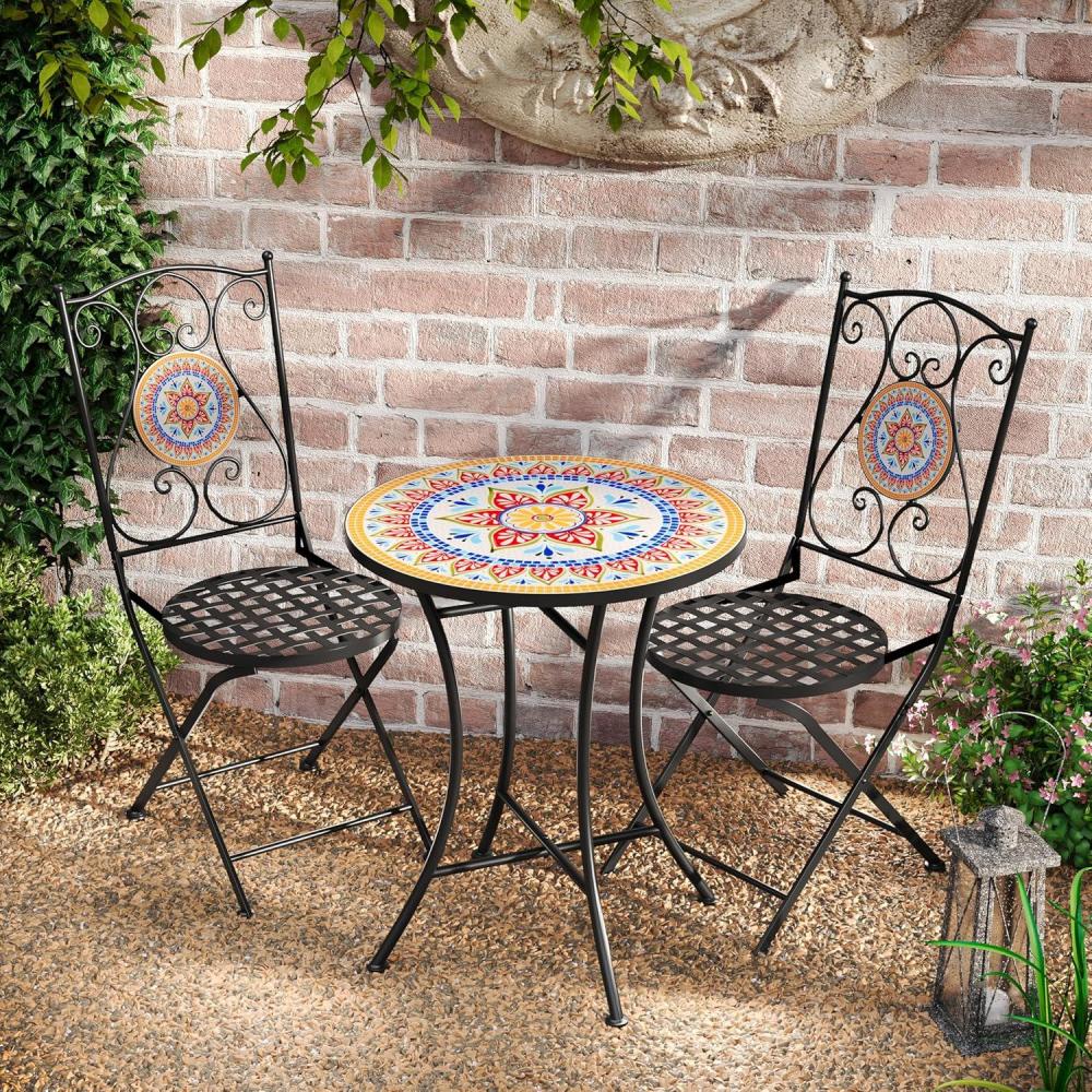 image:imageChristopher Knight Home Dorin Patio Ceramic Tile and Iron Frame Bistro Set 2Seater Round Top TableChairs Set for GardenBalcony Poolside Foldable Chat Set with Iron Mesh Seating Design BlackRed