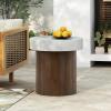 Christopher Knight Home Aurl Outdoor Round Side Table, Lightweight Concrete Patio End Table with Wooden Like Frame, Decorative Accent Table for Patio Garden Porch Balcony, Antique White+Natural