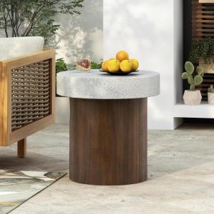 Christopher Knight Home Aurl Outdoor Round Side Table, Lightweight Concrete Patio End Table with Wooden Like Frame, Decorative Accent Table for Patio Garden Porch Balcony, Antique White+Natural