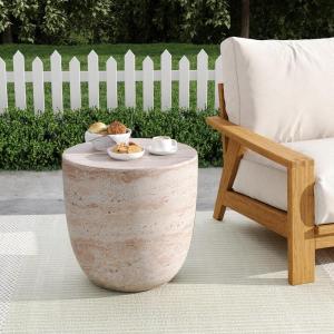 Christopher Knight Home Jaym 20.5″ H Indoor Outdoor Accent Side Table, Patio Decorative End Table, Round Top Lightweight Concrete Garden Stool for Patio Balcony & Garden Decor, Travertine(Travertine barrel)