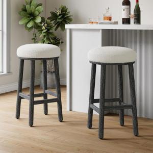 Christopher Knight Home Aubrie Counter Height Bar Stools Set of 2, Boucle Fabric Round Bar Stool for Kitchen Island, Wooden Backless Dining Room Chair, Counter Stool with Footrest, Natural+Milky White(Black+milky White)