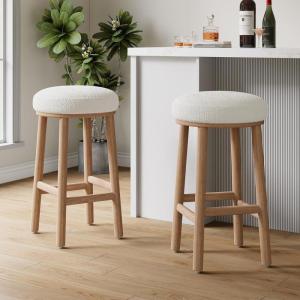 Christopher Knight Home Aubrie Counter Height Bar Stools Set of 2, Boucle Fabric Round Bar Stool for Kitchen Island, Wooden Backless Dining Room Chair, Counter Stool with Footrest, Natural+Milky White(Natural+milky White)