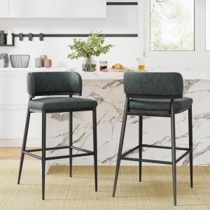 Christopher Knight Home Ebany Barstools Set of 2, Metal Frame Counter Stools, Upholstered Kitchen Chair, Curved Back Support Bistro Chairs, 30″ H Island Stool for Dining Kitchen Cafeteria, Brown(Dark Green)