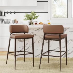 Christopher Knight Home Ebany Barstools Set of 2, Metal Frame Counter Stools, Upholstered Kitchen Chair, Curved Back Support Bistro Chairs, 30″ H Island Stool for Dining Kitchen Cafeteria, Brown(Brown)