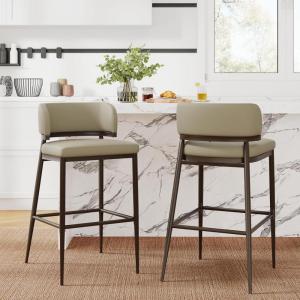 Christopher Knight Home Ebany Barstools Set of 2, Metal Frame Counter Stools, Upholstered Kitchen Chair, Curved Back Support Bistro Chairs, 30″ H Island Stool for Dining Kitchen Cafeteria, Brown(Khaki)