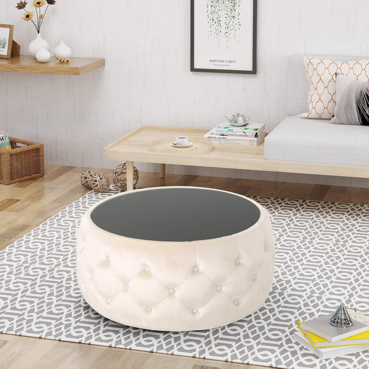 image:imageChristopher Knight Home Ivy Glam Velvet and Tempered Glass Coffee Table Ottoman Beige Black