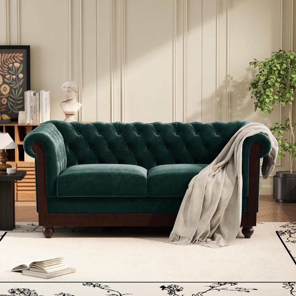image:imageChristopher Knight Home Chesterfield Velvet Loveseat 2Seater Rolled Arm Upholstered Sofa Couch Tufted Button Backrest and Birch Wood Leg Living Room Bedroom Home Office Black  EspressoForest Green  Espresso