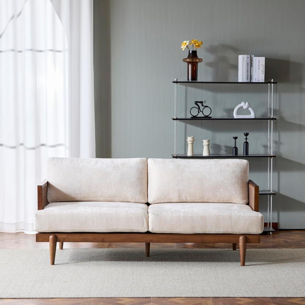 image:imageChristopher Knight Home Emir 3 Seater Sofa with Cushion Sofa Chair with Cane Rattan and Wooden Frame Spacious Seating Couch for Living RoomBedrooms Modern Slat Panel Sofa Couch Walnut  BeigeWalnut  Beige