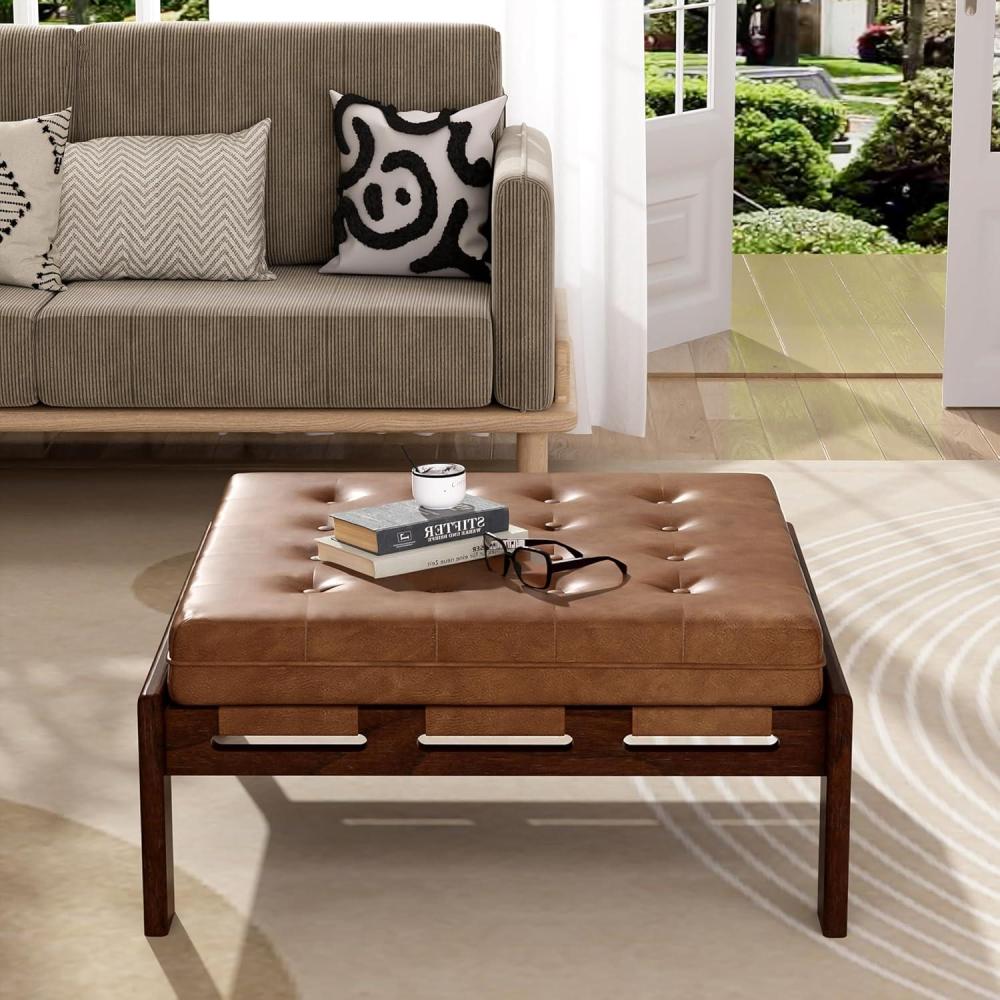 image:imageChristopher Knight Home Yorick Modern Square Faux Leather Upholstered Living Room Cocktail OttomanCoffee Table Rubberwood Frame Tufted Top Large Sofa Footstool MultiFunctional BrownWalnutBrownwalnut