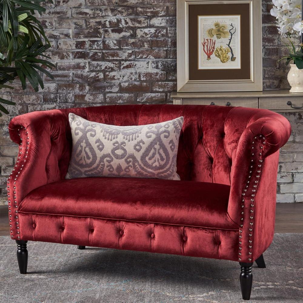 image:imageGDFStudio Melaina Tufted Chesterfield Velvet Loveseat with Scrolled Arms Garnet and Dark Brown
