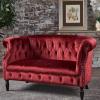 GDFStudio Melaina Tufted Chesterfield Velvet Loveseat with Scrolled Arms, Garnet and Dark Brown
