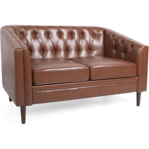 Christopher Knight Home Cantrell Contemporary Tufted Loveseat, Cognac Brown Faux Leather and Espresso(Cognac Brown)