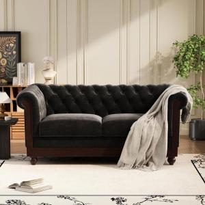 Christopher Knight Home Chesterfield Velvet Loveseat, 2-Seater Rolled Arm Upholstered Sofa Couch, Tufted Button Backrest and Birch Wood Leg, Living Room, Bedroom, Home Office, Black + Espresso(Black + Espresso)