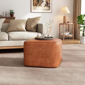 Christopher Knight Home Ellis Faux Leather Pouf Ottoman Foot Rest, Square PU Pouffe Ottoman Footstool, Living Room Sofa Couch Extra Seat, Modern Coffee Table for Home Office Bedroom, Tan Brown(Tan Brown Pu)