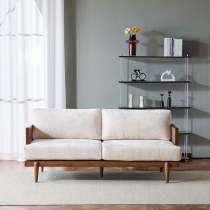 Christopher Knight Home Emir 3 Seater Sofa with Cushion, Sofa Chair with Cane Rattan and Wooden Frame, Spacious Seating Couch for Living Room/Bedrooms, Modern Slat Panel Sofa Couch, Walnut + Beige(Walnut + Beige)