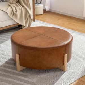 Christopher Knight Home Holmes Modern Faux Leather Upholstered Ottoman Coffee Table, Wooden Round Cocktail Ottoman, Large Living Room Sofa Footstool/Footrest, Brown+Natural(Brown+natural)
