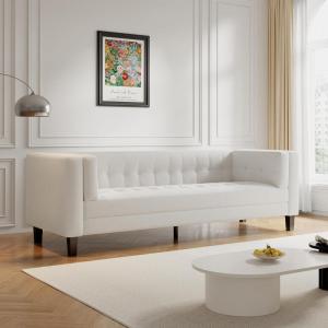 Christopher Knight Home Viola 3 Seater Low Profile Sofa, Upholstered Tufted Couch, Velvet Sofa with Armrests, Comfort Modern 3 Seater Couch for Living Room Bedroom Home Rest, Ivory(White)