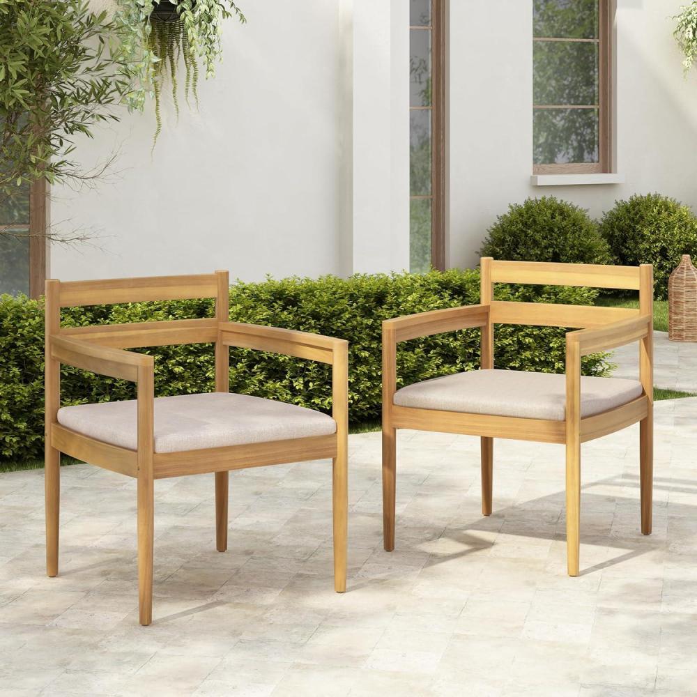 image:imageChristopher Knight Home Lamoon Acacia Wood Patio Dining Chairs Set of 2 Wooden Outdoor Kitchen Side Chair Patio Armchair Set with Cushion for Dining Table BeigeLight Teak