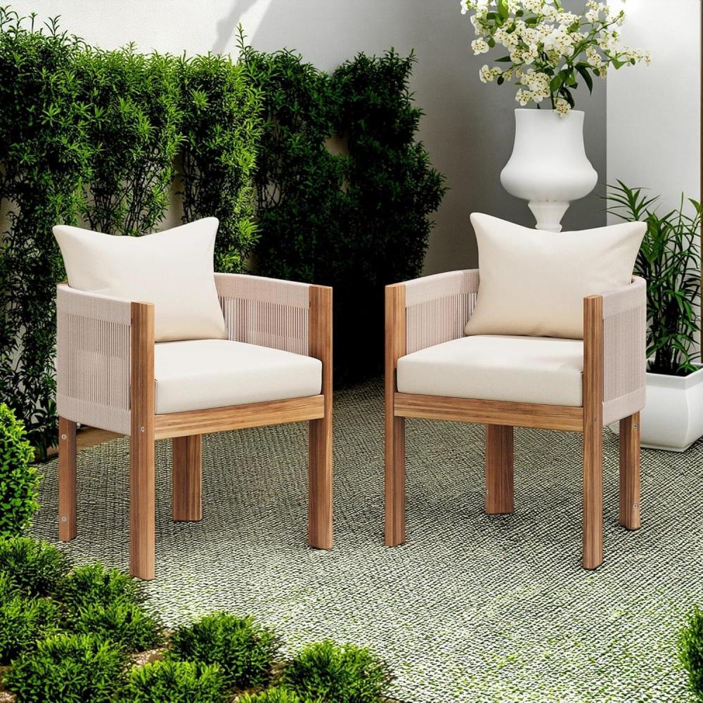 image:imageChristopher Knight Home Matera Dining Chair Set of 2 Acacia Wood Outdoor Accent Chair Farmhouse Patio Kitchen Side Chair Comfy Reading Chair Round Backrest and Water Resistant CushionTeak Beige